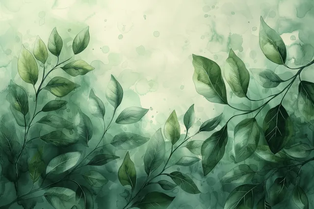Green watercolor leaf branches float on a mint abstract background with soft splatter texture.