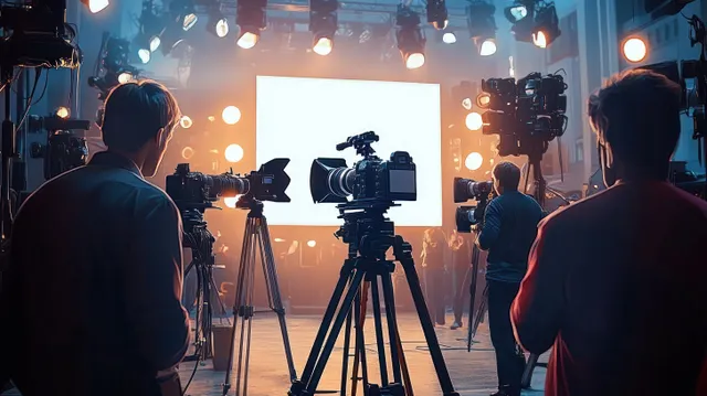 Film crew members operate tripod cameras in a lit studio with a large blank screen behind the lights.