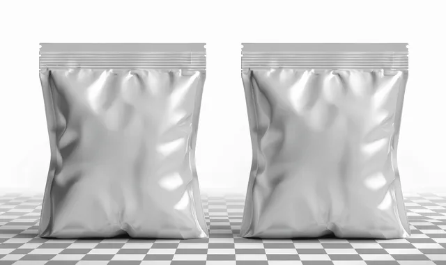 Two sealed white glossy foil snack pouches are shown side by side on a checkered surface backdrop.