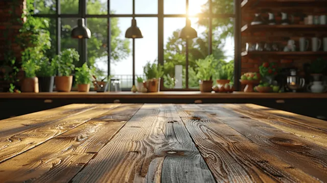 Rustic wooden table in front of a blurred modern kitchen with plants and warm sunlight through windows.