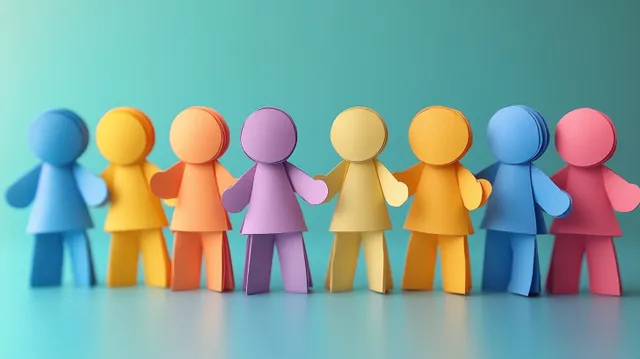 Colorful paper cut-out people holding hands in a row on a blue background