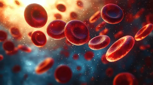 Red blood cells floating through colorful bloodstream-like background with depth-of-field glow
