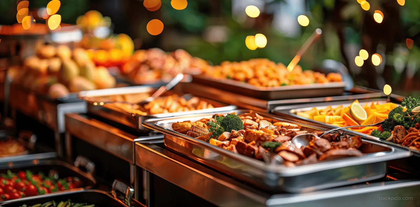 Chafing trays on an indoor buffet table hold meat, vegetables, and fruit with warm bokeh lights in the background.
