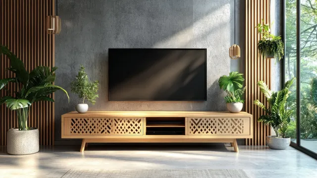Minimal living room interior with wooden TV console, potted plants, and sunlight on a concrete wall.