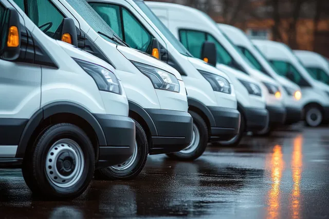 Row of white commercial vans parked in a rainy lot with turn signals blinking