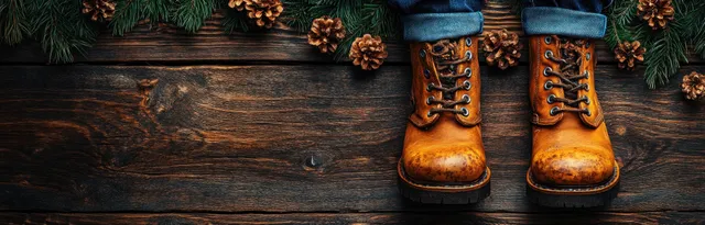Oktoberfest boots on rustic wooden table with pretzel, hops, and warm festive details
