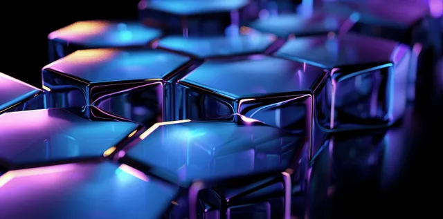 3D metallic blue and purple hexagon forms with glossy glass reflections on dark background