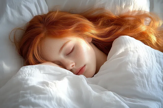 A young red-haired person sleeps peacefully under white bedding as soft natural light highlights their relaxed face.