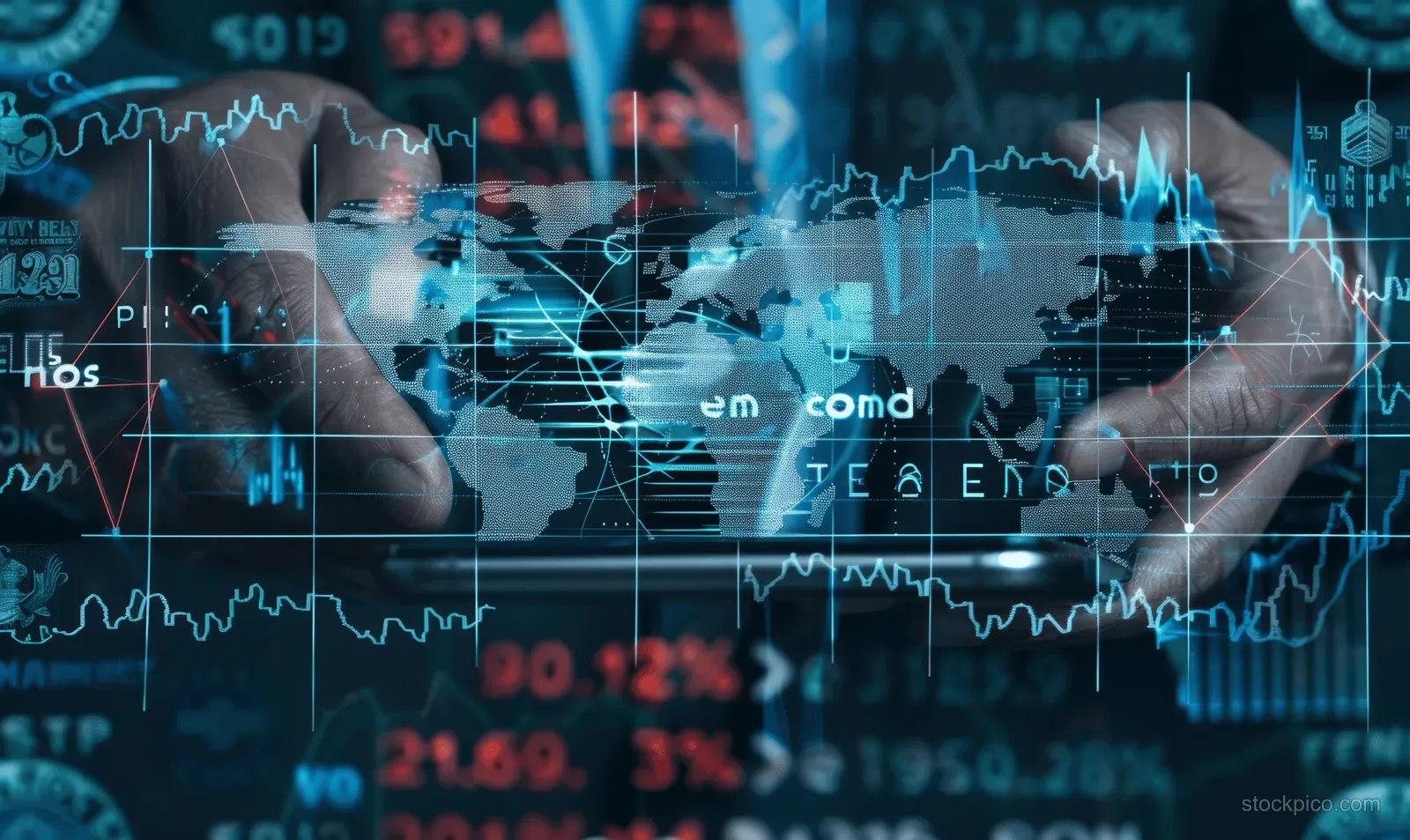 A businessman uses a smartphone with blue financial charts and world map overlays for currency exchange.