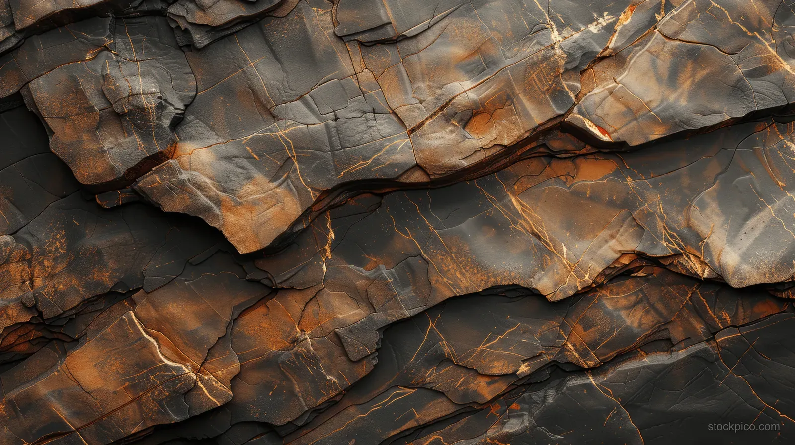Close-up granite rock surface with brown and black striations and weathered cracks.