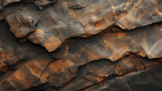Close-up granite rock surface with brown and black striations and cracks outdoors texture