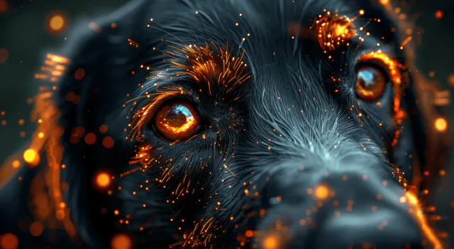 Black Labrador face close-up with glowing orange cyber eyes amid floating data points and neon digital lines.