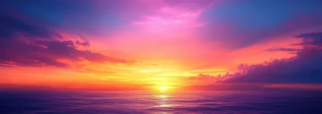 Warm sunset light glows on the ocean, reflecting pink and orange hues beneath dramatic purple clouds.