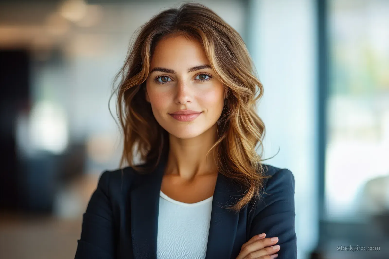 Smiling businesswoman with arms crossed in a bright modern office, looking at the camera.