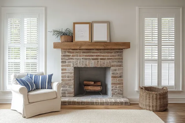Sunlit Scandinavian living room showing a brick fireplace, wooden mantel, beige armchair with striped cushions, and woven basket.