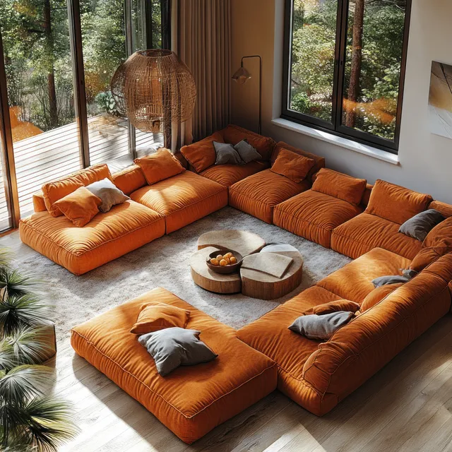 Orange sectional sofa and coffee table in a minimalist living room lit by daylight through large windows.