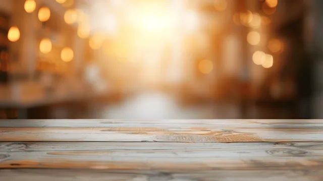 Wooden tabletop foreground with soft bokeh lights blurred behind, warm café ambiance