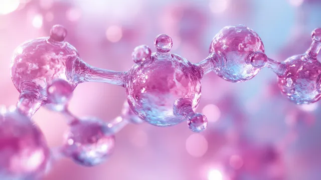 Glossy translucent spheres and droplets resembling vitamin C and collagen float on a soft pastel background.