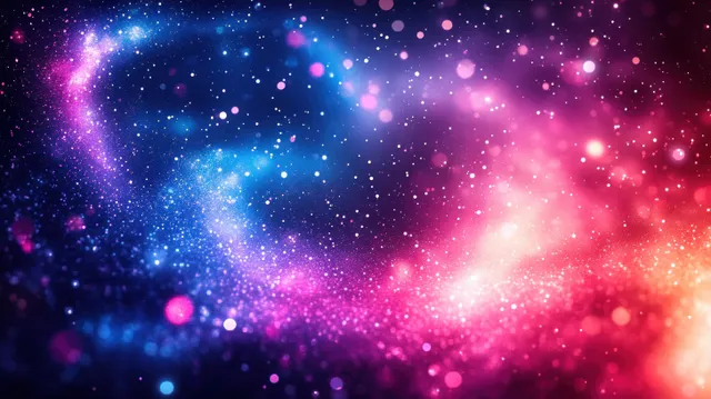Glowing multicolor particles swirl across a dark space background like a nebula with soft bokeh light orbs.