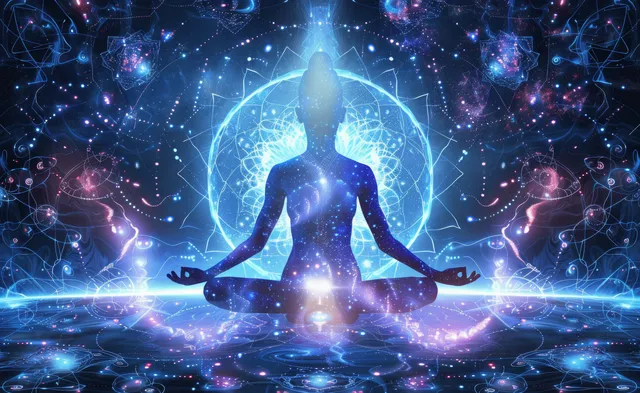 Woman meditating in lotus pose inside glowing cosmic fractal space, sacred geometry halo