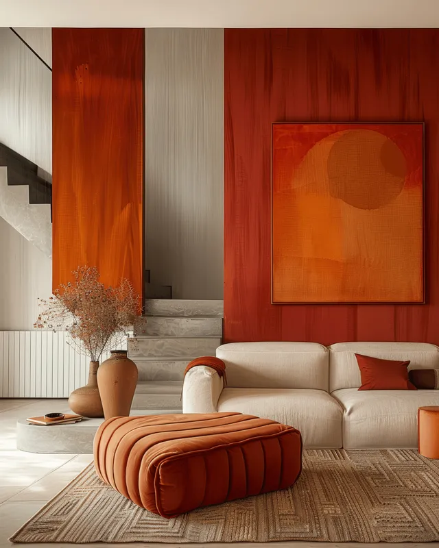 A modern minimalist living room showcases an orange accent chair, warm tones, natural light, and elegant interior styling.