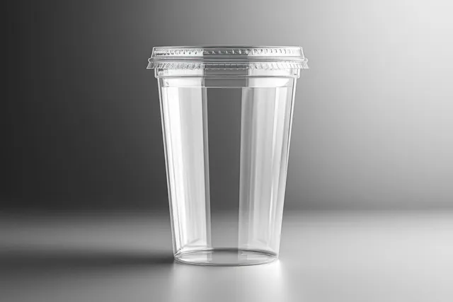 Transparent empty plastic cup with a closed plastic lid on a reflective surface against a gray gradient background.
