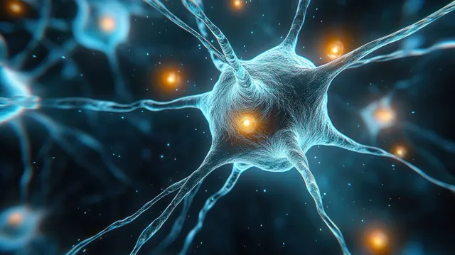 A glowing branching neuron with connected dendrites and orange-blue light points floating in a dark background.