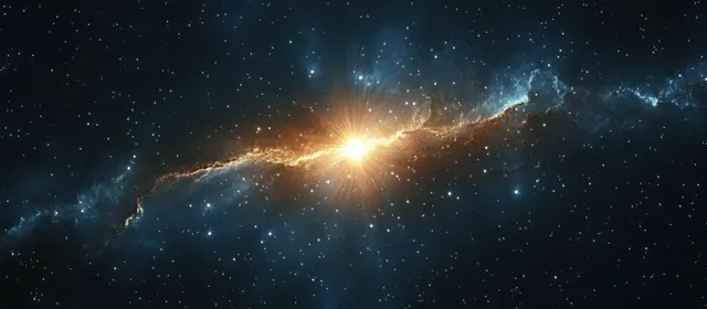 Swirling blue nebula over a bright starburst in deep space night sky