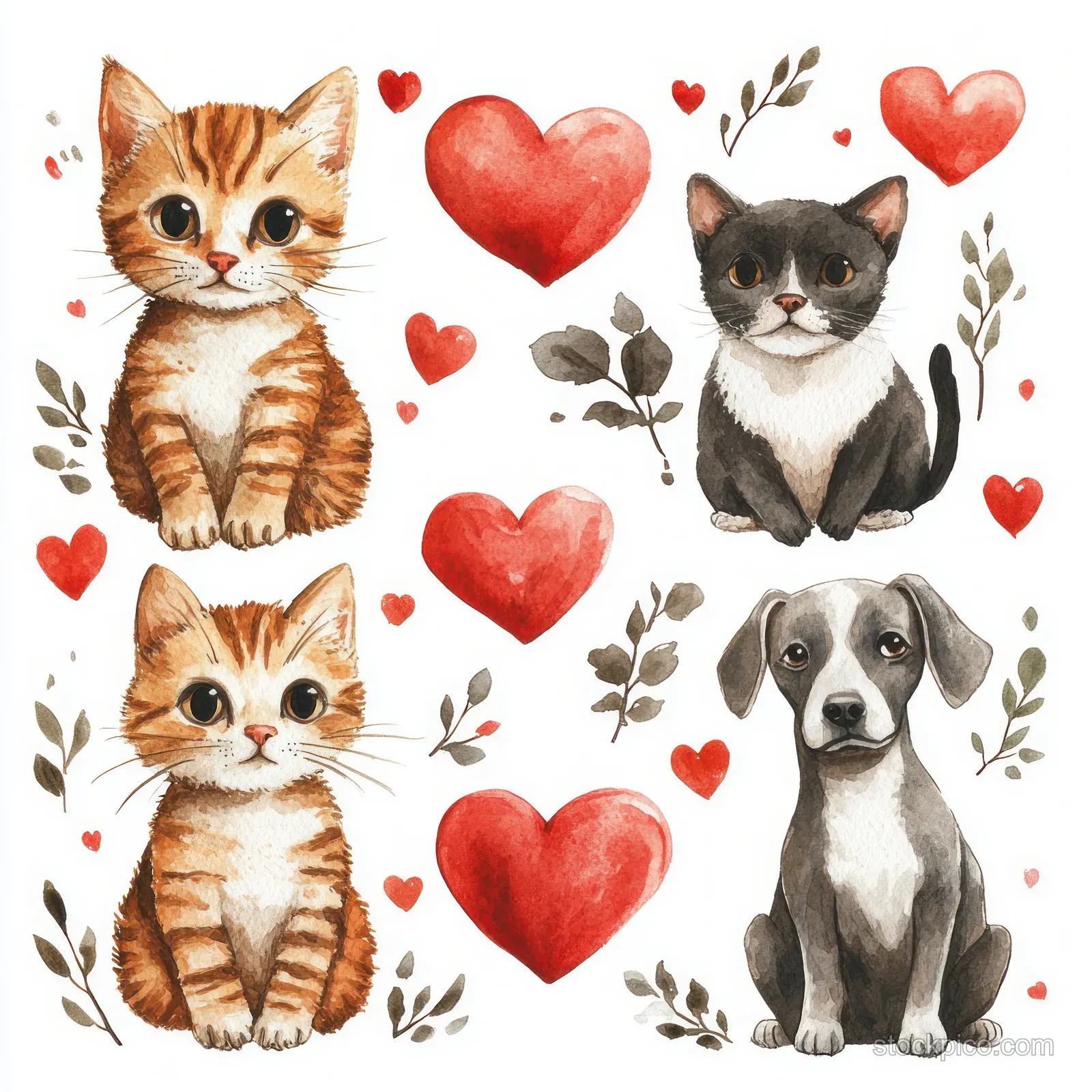 Seamless white background pattern with a tabby cat and greyhound dog beside scattered red hearts and leaves.