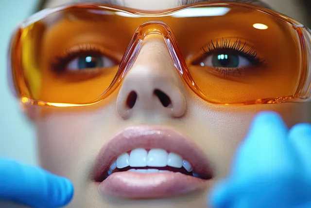 Dental professional inspects teeth up close through orange protective eyewear with Shallow Depth Of Field