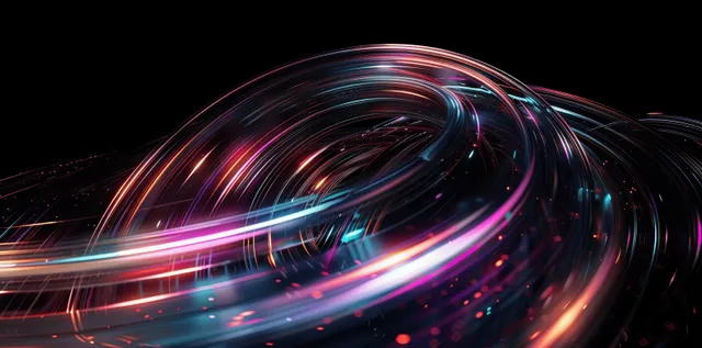 Futuristic 3D abstract light trails swirl across a black background with glowing rounded lines
