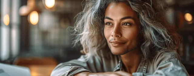 Smiling senior Black woman in a studio portrait with long sleek hair and smooth skin under soft cinematic lighting.