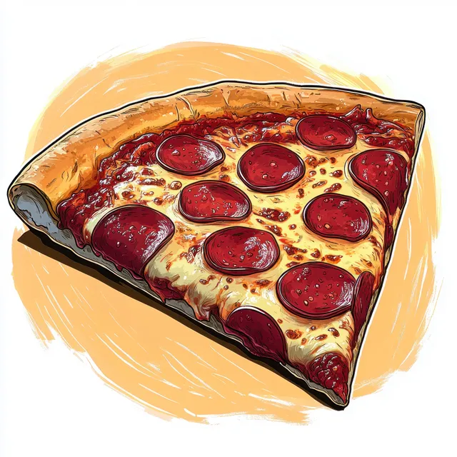 Illustrated pepperoni pizza slice with melted cheese and crispy crust on a light orange brushstroke background.