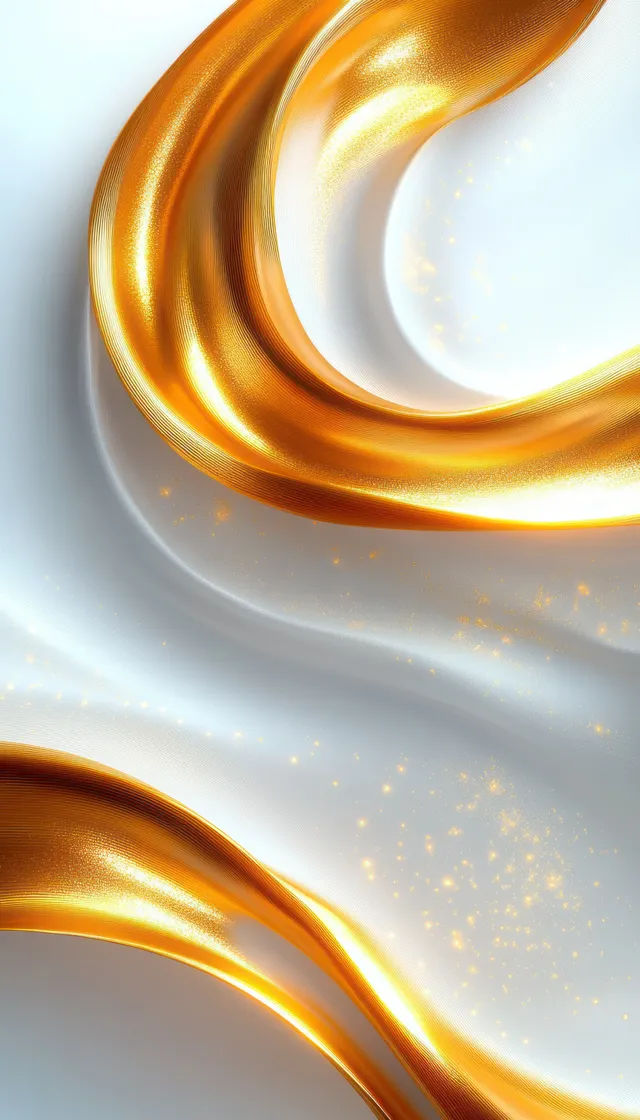 Golden ribbon-like curves flow over a bright white silky background with small sparkling highlights.