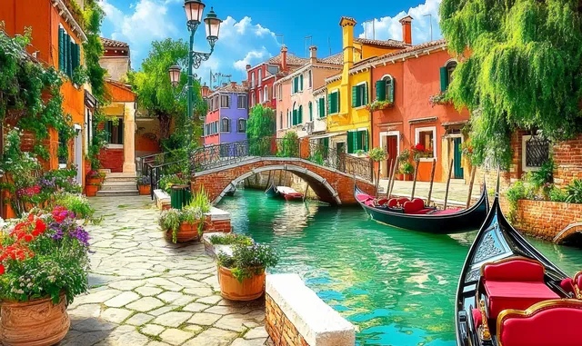 Gondola glides on Venetian canal past colorful buildings and arched stone bridge with Pastel And Bright Accents