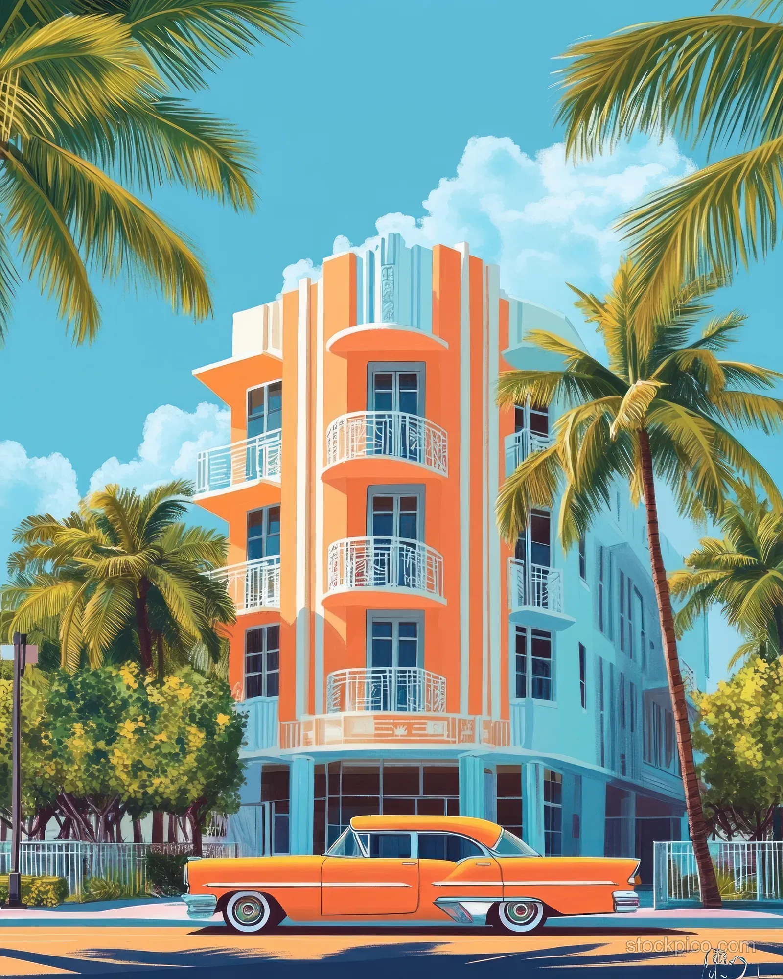 Art Deco hotel facade in Miami with palm trees and a vintage car parked on a sunny street.