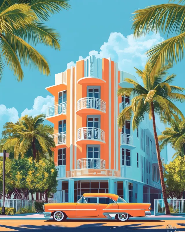 Art Deco hotel facade in Miami with palm trees and a vintage car parked on a sunny street.
