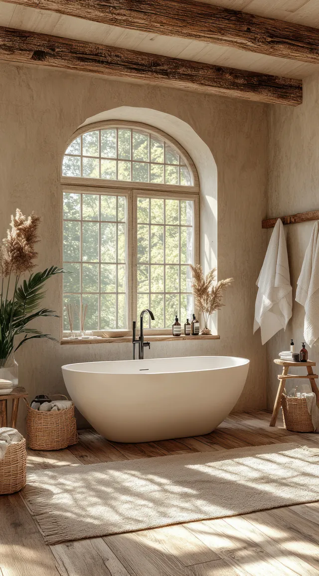 Freestanding bathtub sits on stone flooring beneath an arched window, with towels and plants near warm wood beams.
