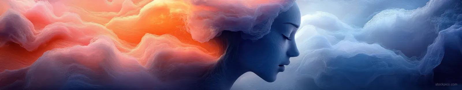 Surreal side profile splits into fire and smoke clouds, blending thoughts into an abstract dark background.