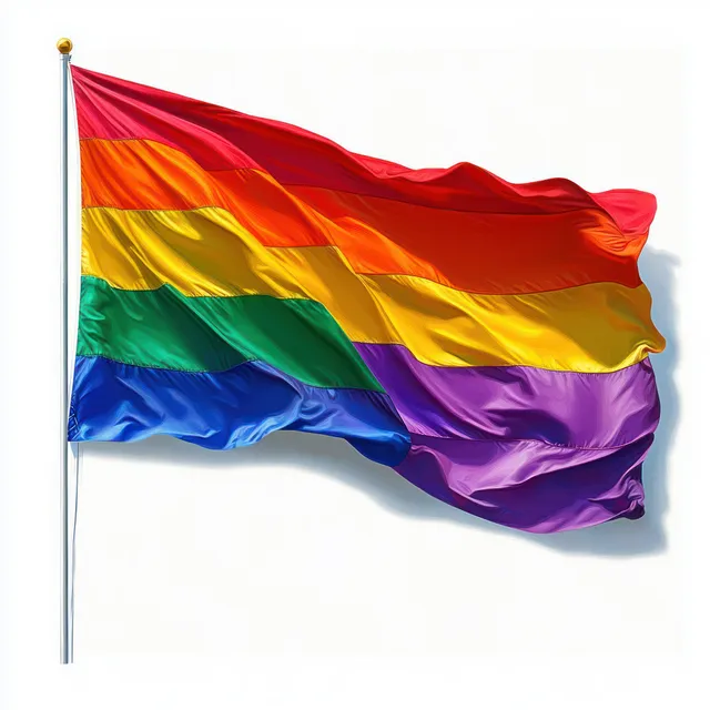 Rainbow pride flag with six colored stripes waving on a flagpole against a white background.