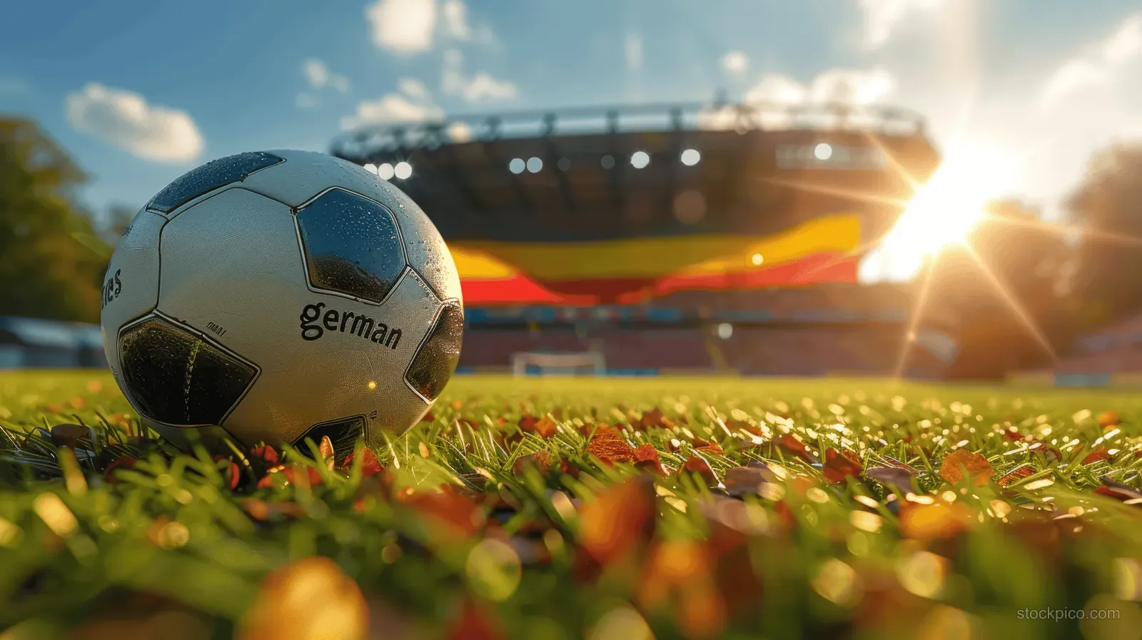 A soccer ball with German flag colors sits on sunlit grass before a blurred football stadium.