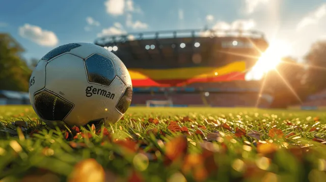 Soccer ball on green grass in front of stadium, German flag colors in sunlight