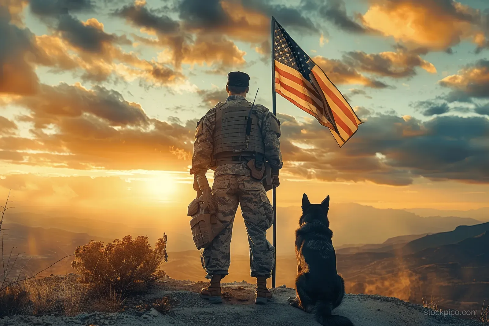 A soldier and a service dog stand on a mountain peak with a waving US flag during sunrise.