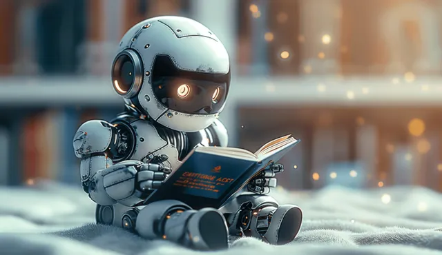 Cute robot reading an open book in a quiet library, glowing 3D rendering