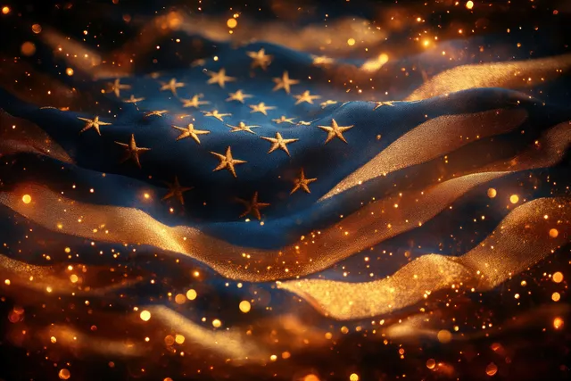 American flag waves with glowing bokeh sparks and fireworks-like gold light texture at night