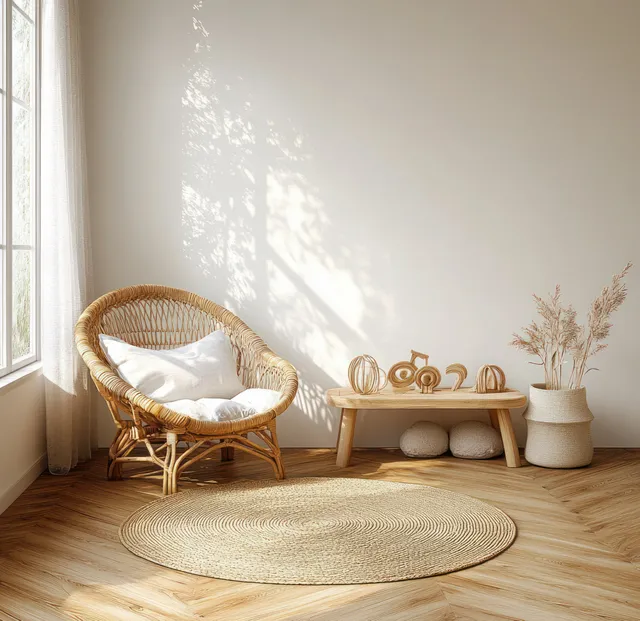 Rattan chair and small decor near a sunlit window over warm wooden floor with a round jute rug.