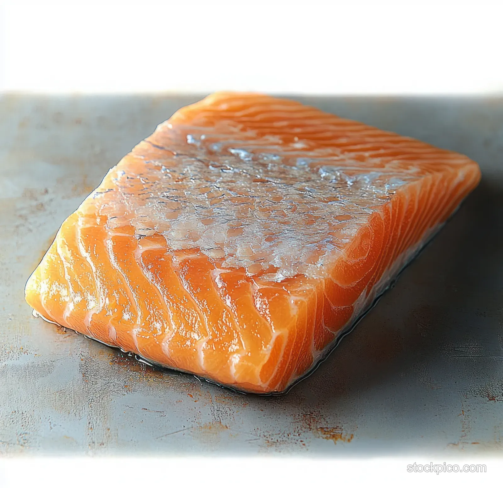 Raw salmon fillet with skin on a stainless metal surface, showing bright orange flesh and silver scales.
