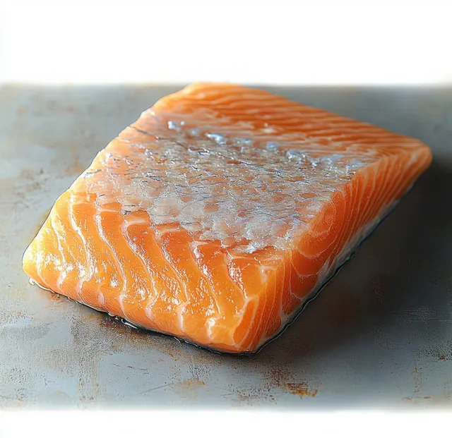 Raw salmon fillet with skin on a stainless metal surface, showing bright orange flesh and silver scales.