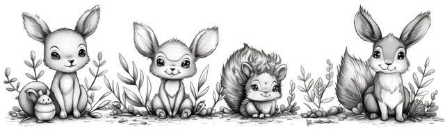 Forest animals coloring page with fawn, hare, squirrel, and hedgehog line drawings on white