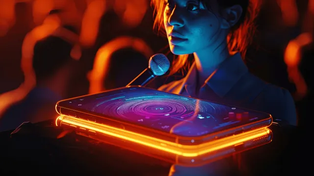 A woman speaks into a microphone at a conference with a glowing digital tablet in the foreground.